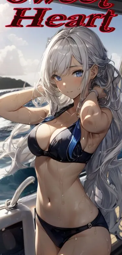 Anime girl on boat with ocean view, gray hair flowing in the breeze.