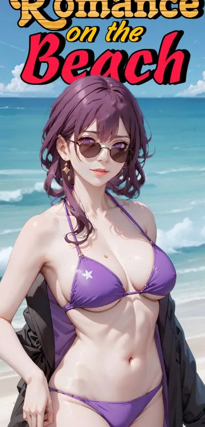 Anime girl in purple bikini on a beach with vibrant sky and ocean.