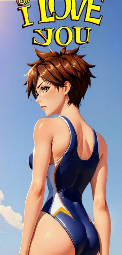 Anime character in swimsuit with 'I Love You' text.