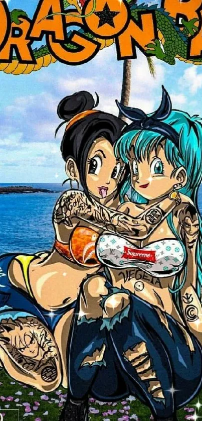 Anime characters embrace on a sunny beach with ocean background.