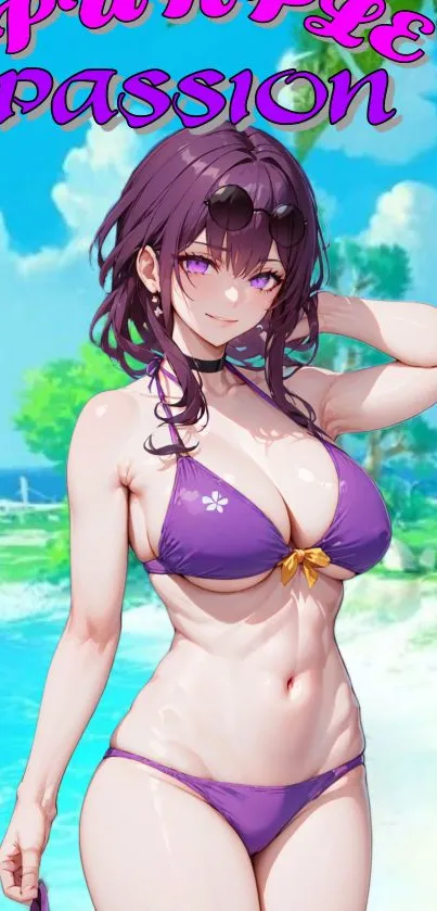 Anime character in purple bikini on a beach under sunny sky.