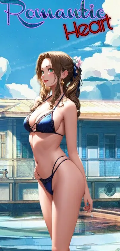 Anime girl on beach with blue sky and ocean backdrop.