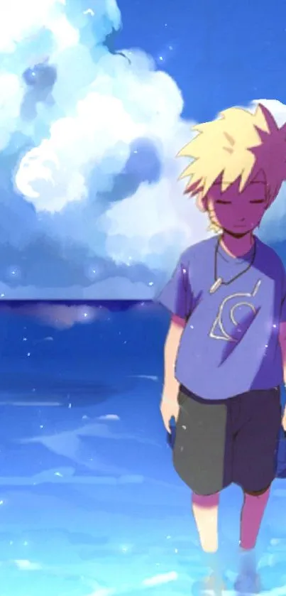 Anime character walking on beach with blue sky background.