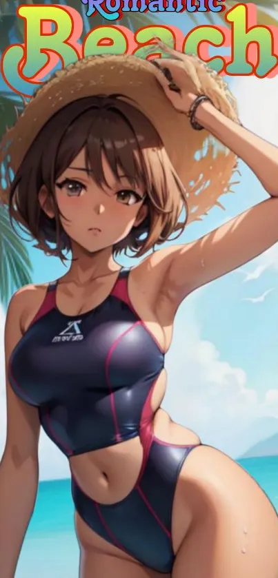 Anime girl in swimsuit with beach background.