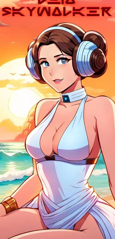 Anime character at the beach during sunset with vibrant colors.