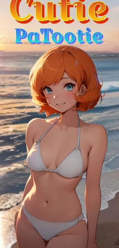 Anime girl on beach at sunset with vibrant orange hues and ocean waves.