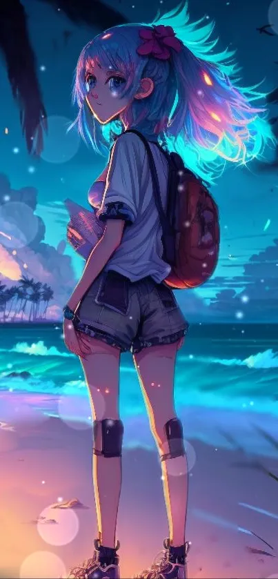 Anime girl at beach with vibrant sunset and ocean waves.