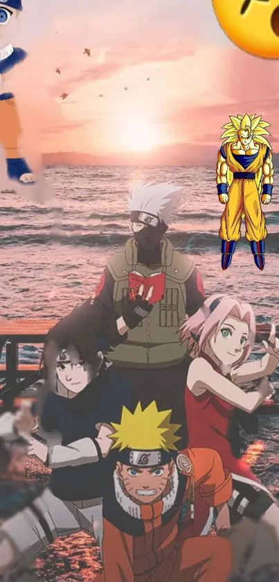 Anime characters on a beach at sunset with orange sky and sea.