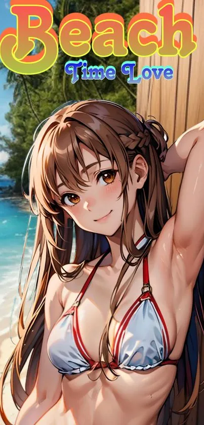 Anime girl enjoying a sunny beach day with vibrant colors.