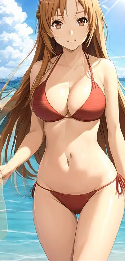 Anime character in a red bikini on a sunny beach with blue skies.