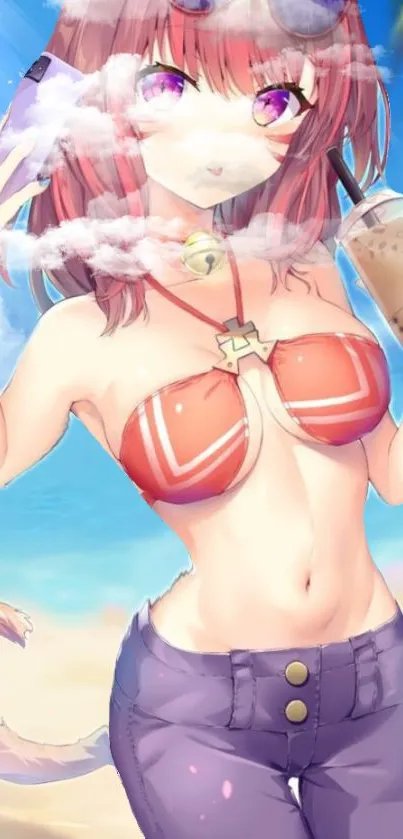 Anime girl enjoying a sunny beach day with a drink.