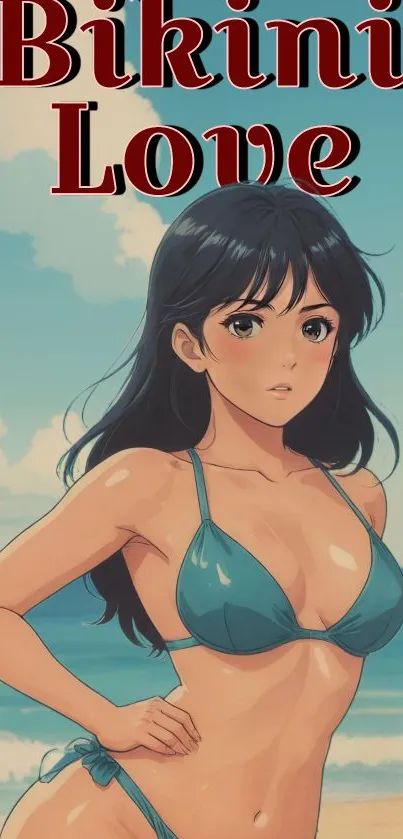 Anime girl in bikini on a sunny beach with clear blue sky.