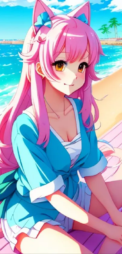 Anime girl with pink hair at the beach.