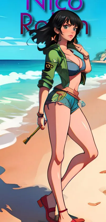 Anime figure on a sunny beach, vibrant tones.