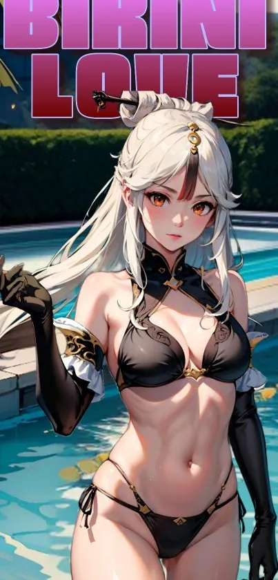 Anime character in swimsuit by the pool.