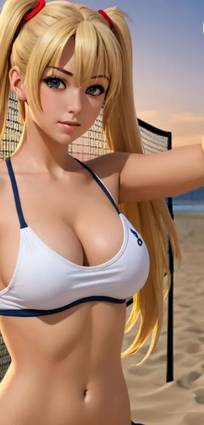 Anime character playing beach volleyball at sunset.