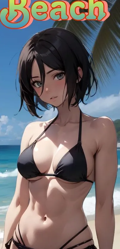 Anime character on a beach with a clear blue sky and ocean backdrop.