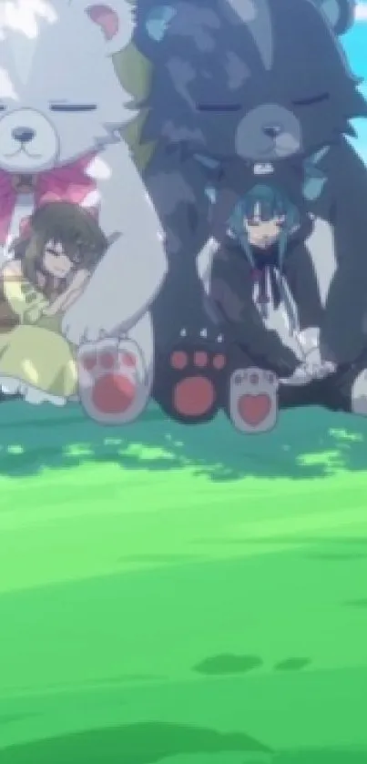 Anime characters resting with two bears on a grassy field.