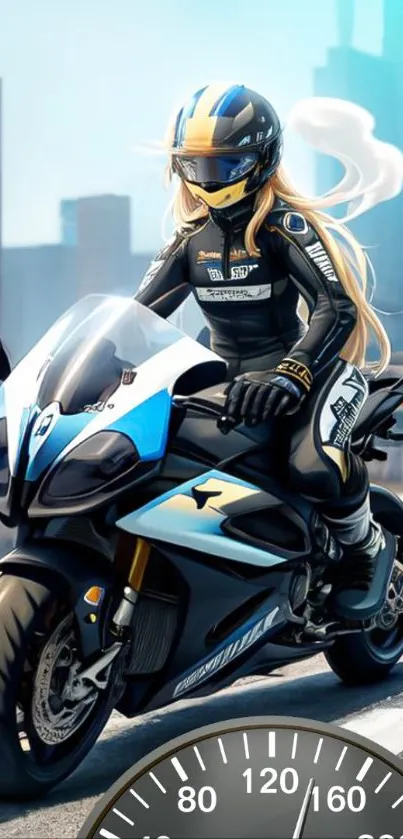 Anime biker in city with excitement and speed on a powerful motorcycle.