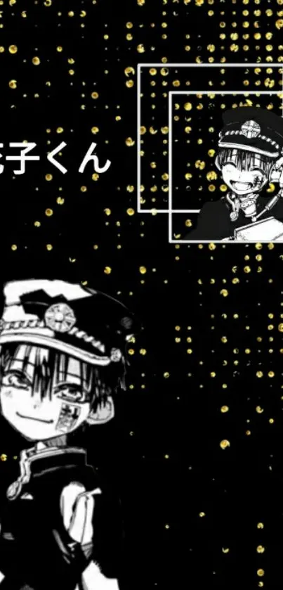 Anime wallpaper with black and gold accents and manga characters.