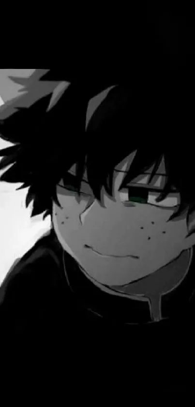 Black and white anime character wallpaper with green eyes.