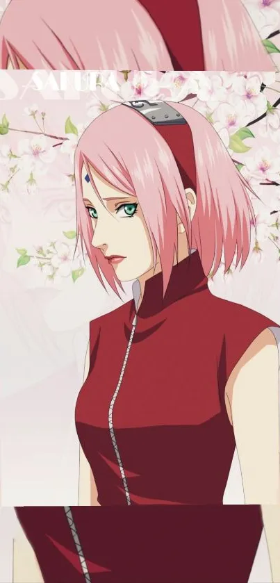 Anime character with pink hair and cherry blossoms background in a vibrant design.