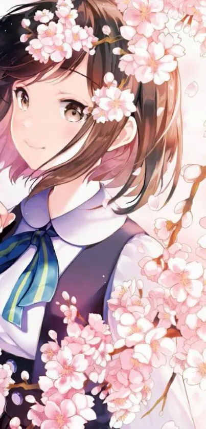 Anime girl with cherry blossoms, pink hues.