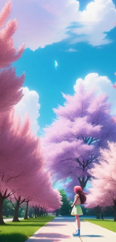 Anime girl under cherry blossoms against a blue sky.