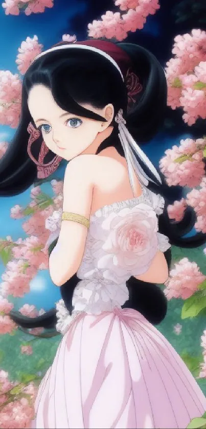 Anime princess surrounded by cherry blossoms.