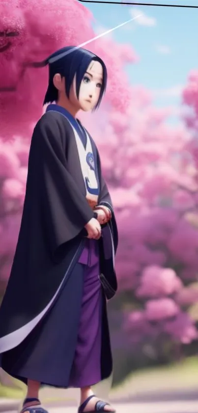 Anime character in a kimono standing amid vibrant cherry blossoms, serene and elegant.