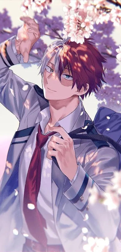 Anime schoolboy with sakura blossoms background.