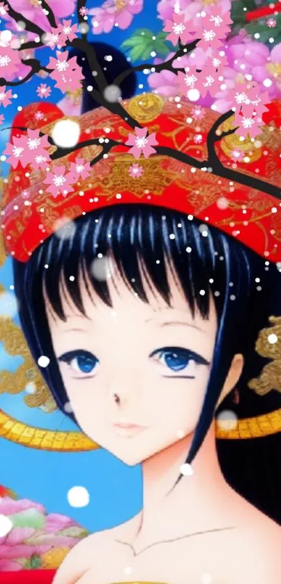 Anime character with cherry blossoms in vibrant colors.