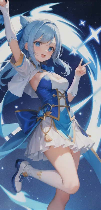 Blue-themed anime character wallpaper with magical and fantasy elements.