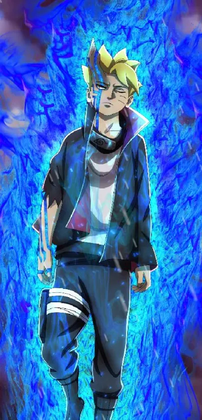 Anime character with blue flames on cloudy background.