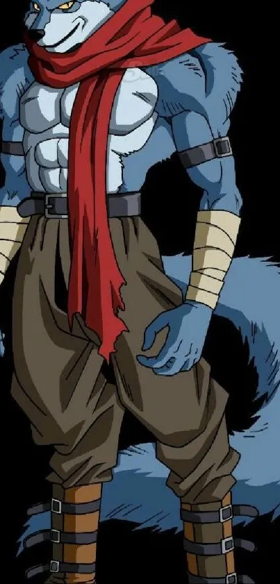 Anime wolf warrior with red scarf and blue fur.