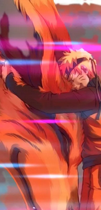 Anime character hugging a large creature with vibrant orange colors.