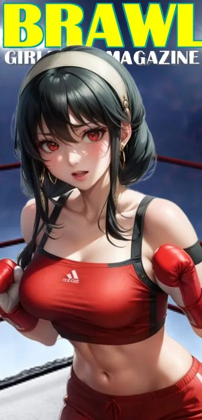 Anime boxing girl in red gloves and outfit in the boxing ring.