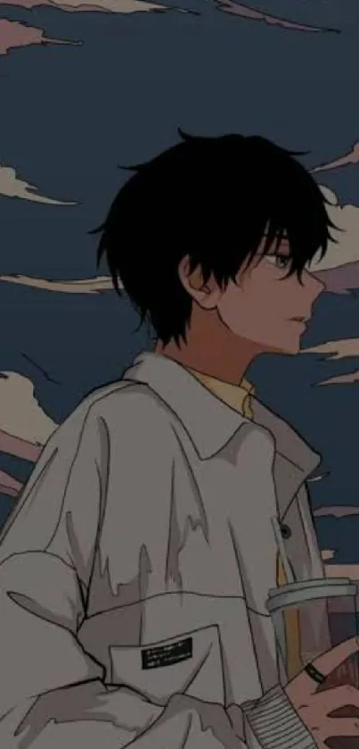 Anime boy with dark hair against a moody sky in an aesthetic mobile wallpaper.