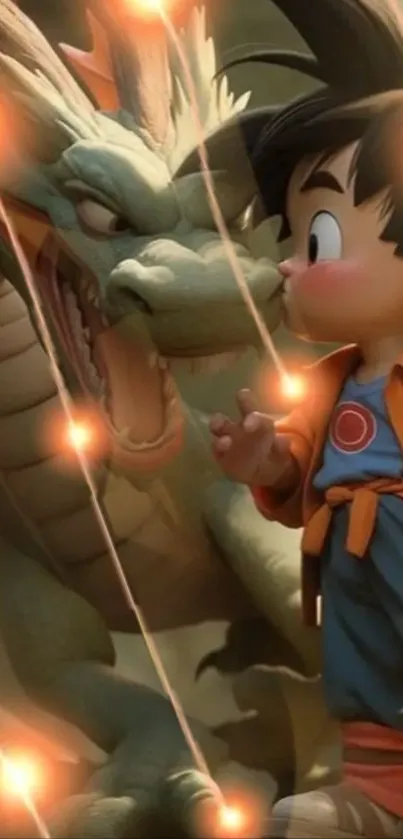 Anime boy encounters a mystical dragon in a vivid, enchanting scene.