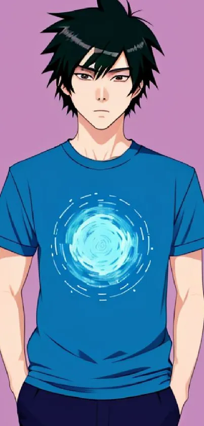 Anime boy with blue shirt on purple background.