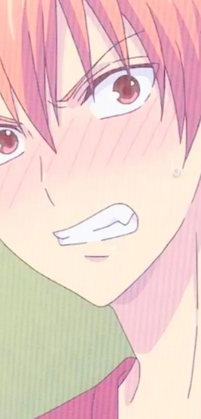 Anime boy with pink hair blushing in an expressive wallpaper.