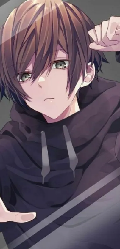 Anime boy in a dark hoodie with a reflective style for mobile wallpaper.