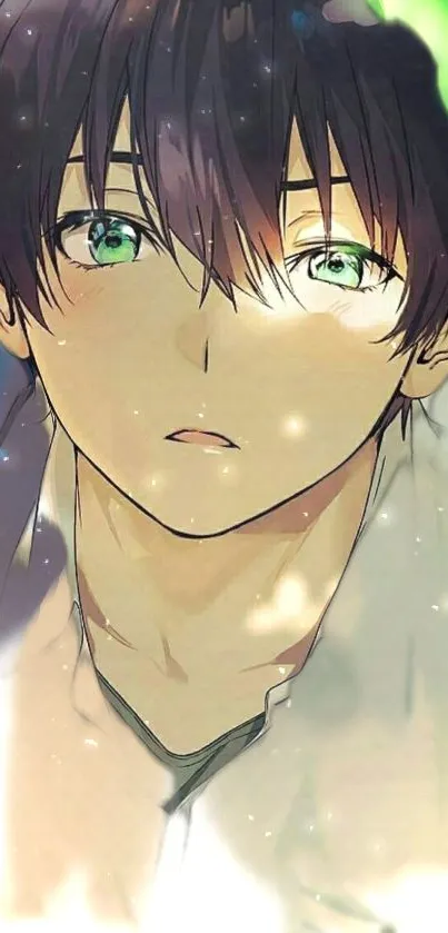 Anime boy with gentle stare and green eyes in a soft shaded artwork.