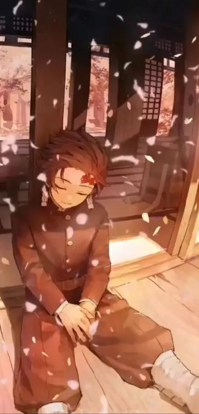 Anime boy resting in a tranquil porch with petals.