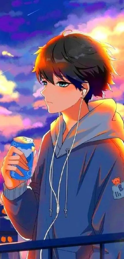 Anime boy holding a can at sunset, vibrant colors.