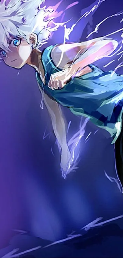 Anime boy with lightning energy effect in vibrant purple tones.