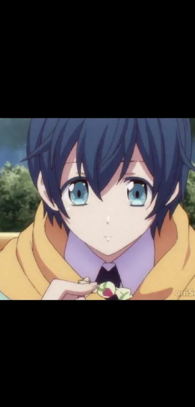 Anime boy with blue hair sitting on a park bench, peaceful scene.