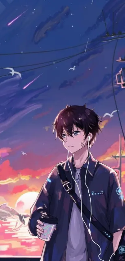 Anime boy standing at sunset with headphones and serene sky.