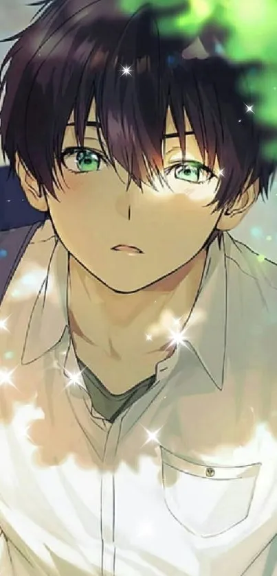 Anime boy with green eyes in artistic sunlight effect.