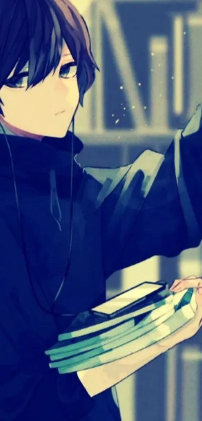 Anime boy in dark hoodie holding books in a tranquil library.